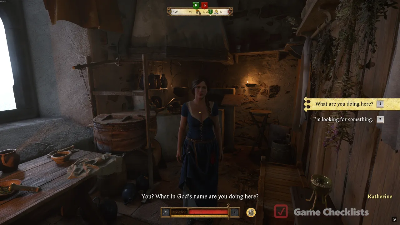 Katherine in the Crone Tower alchemy room during For Whom the Bell Tolls