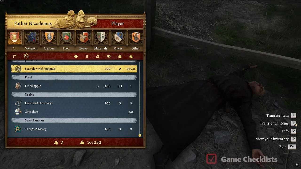 Loot inventory after confronting Father Nicodemus including rosary die and Groschen