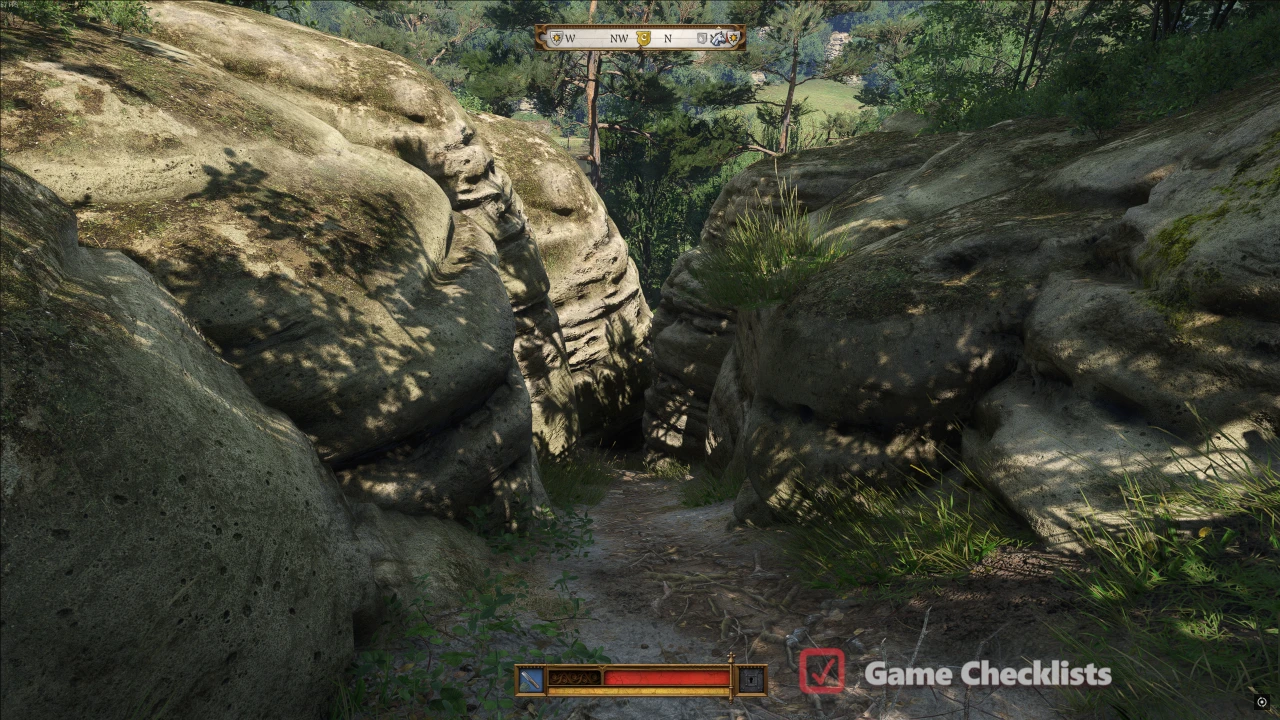 kcd2-cuman-camp2: Grassy side path left off the Nomads' Camp road toward the stone crevice
