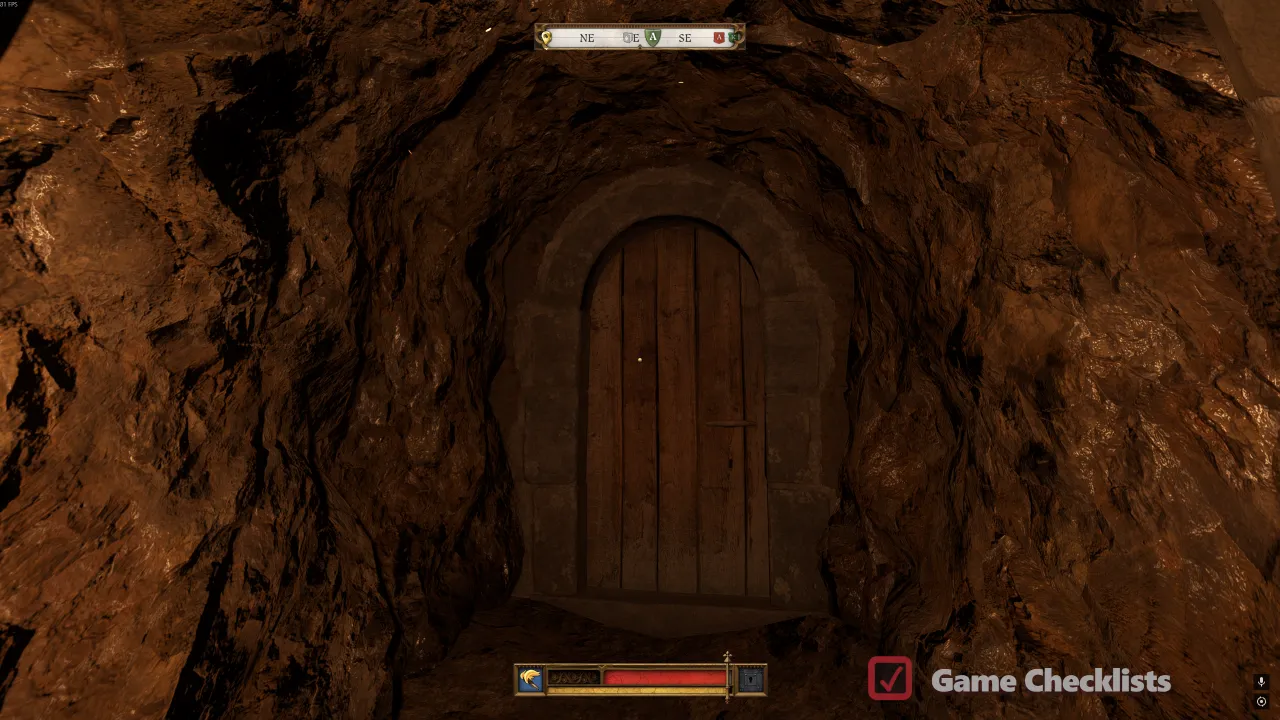 Medium locked wooden door into All Saints basement
