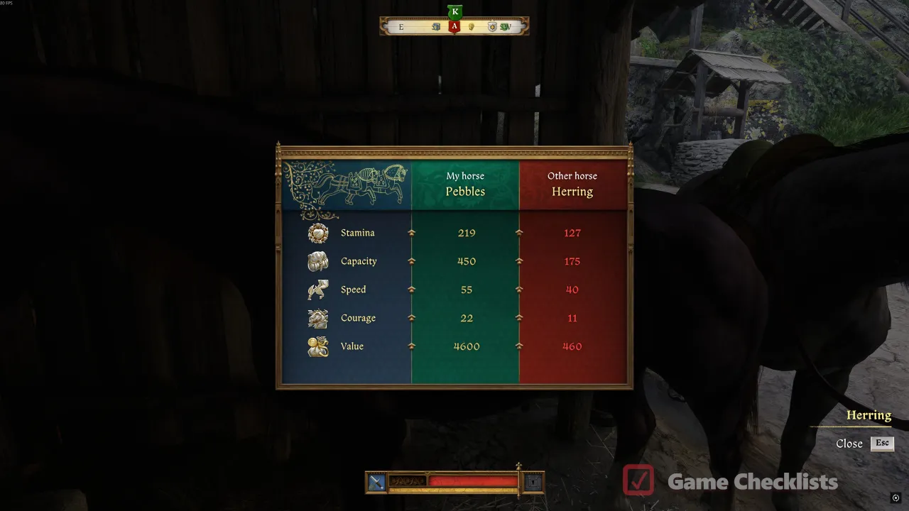 In-game stat comparison of Herring versus Pebbles with Pebbles secret perk in Back in the Saddle