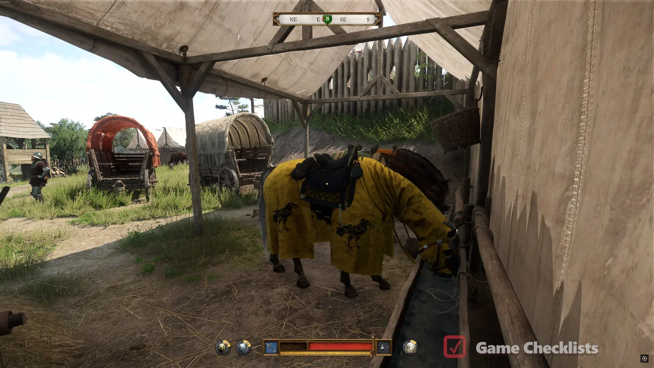 Gringolet horse with yellow caparison stables