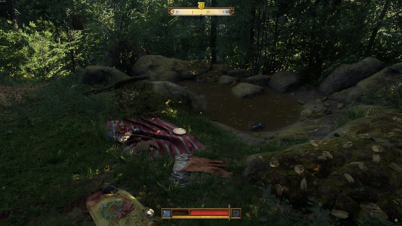 kcd2-lovers-spot: Lovers' Spot interesting site - blood trail toward Roman's corpse