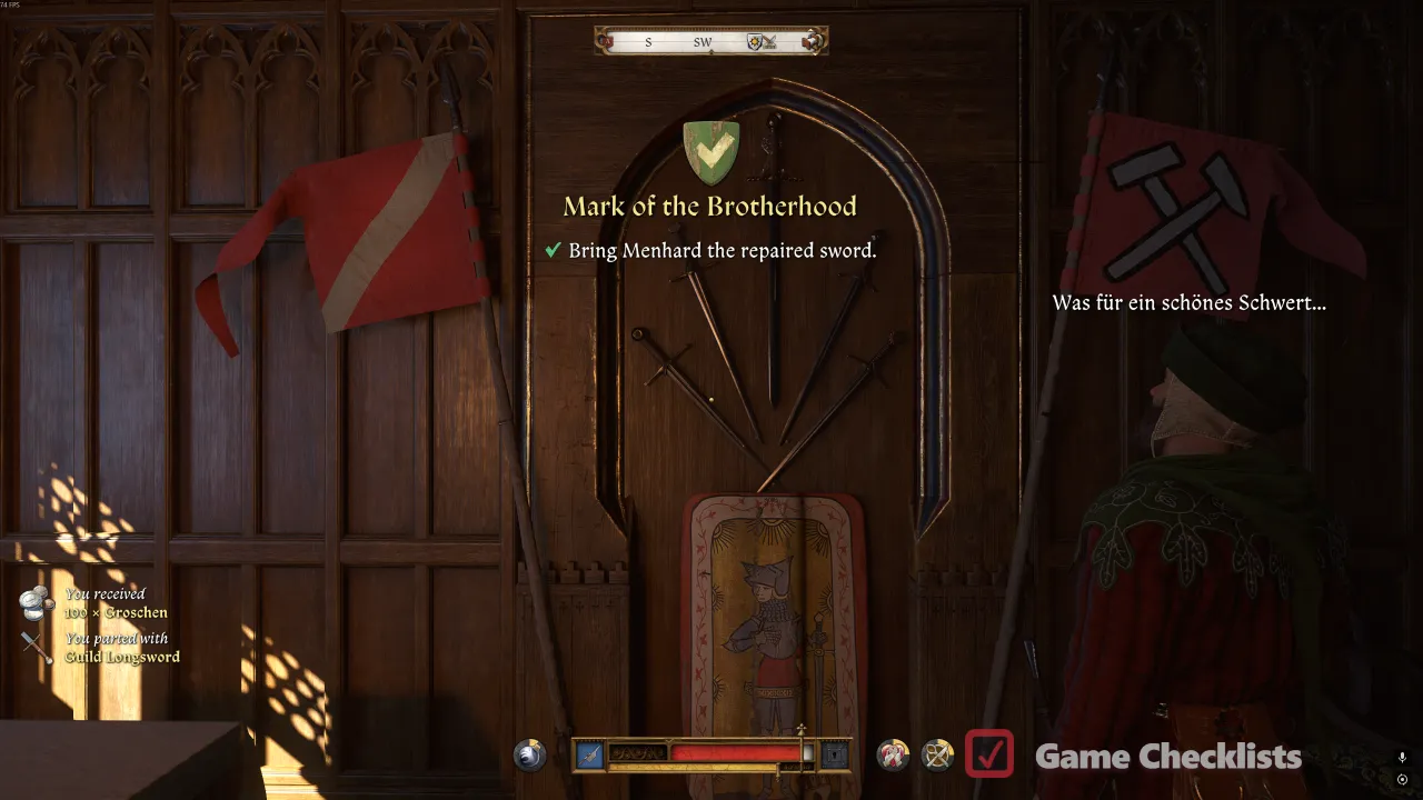 Returning the reforged Guild Longsword to Menhard for 100 Groschen