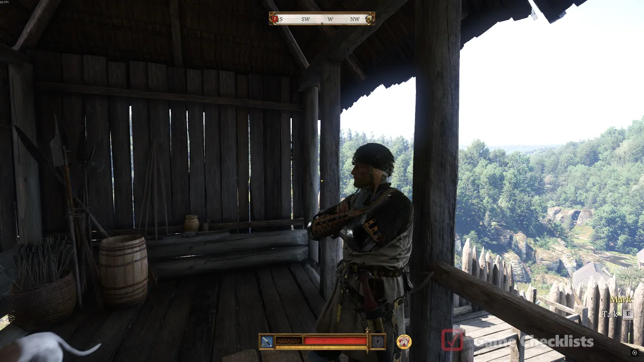 Mark archery contest on Nebakov Fortress gate platform in Back in the Saddle