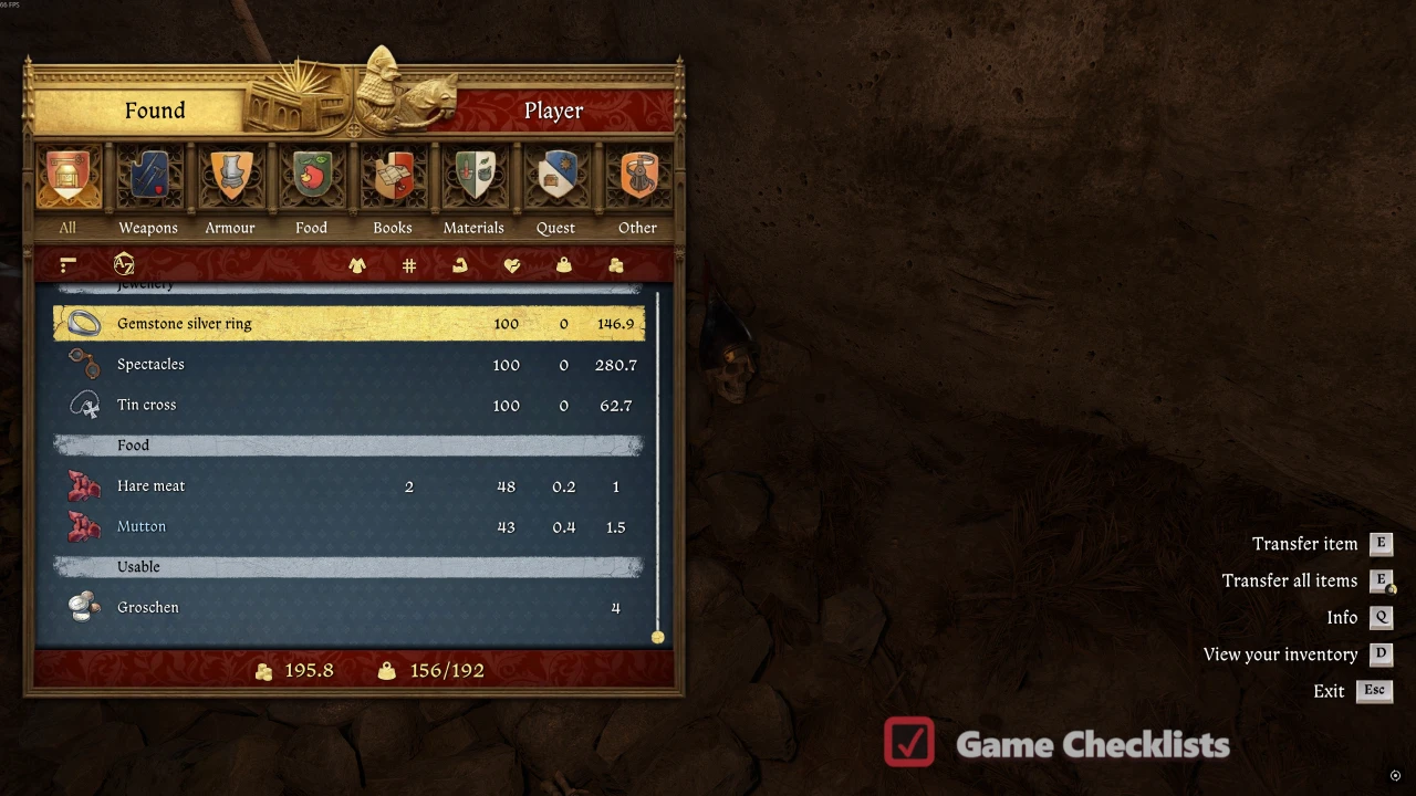 kcd2-mutt-rewards: Cave stash loot after Mutt - ring, spectacles, tin cross, Groschen