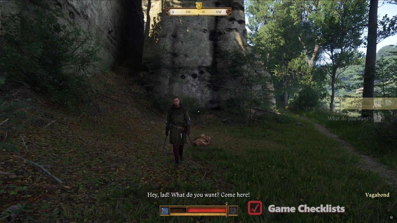 kcd2-mutt-vagabond: Bandit looting a corpse at the first Mutt clue northwest of Bozhena's Hut