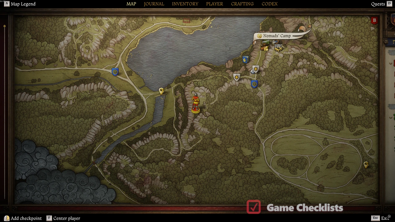 kcd2-mutt-wolf-den-location-map: World map marker for the Mutt wolf den shortcut west of Nomads' Camp