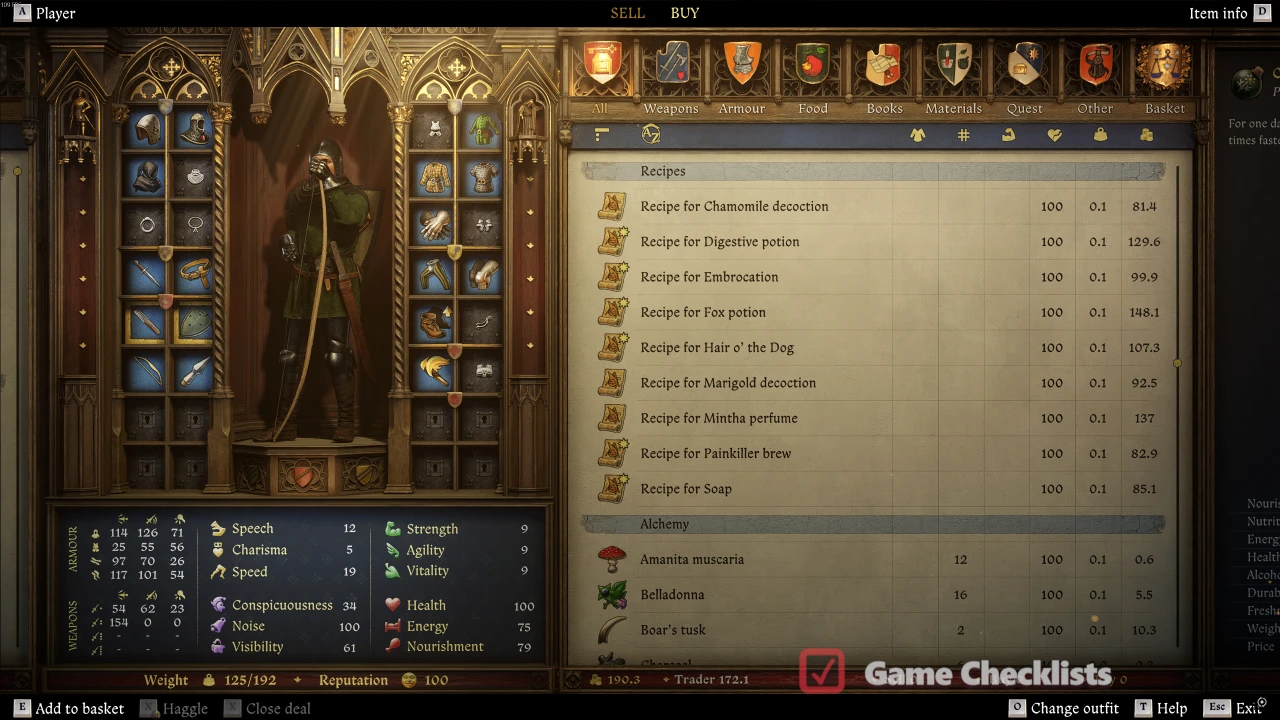 kcd2-pavlena-inventory: Pavlena shop inventory herbs and recipes after Bad Blood