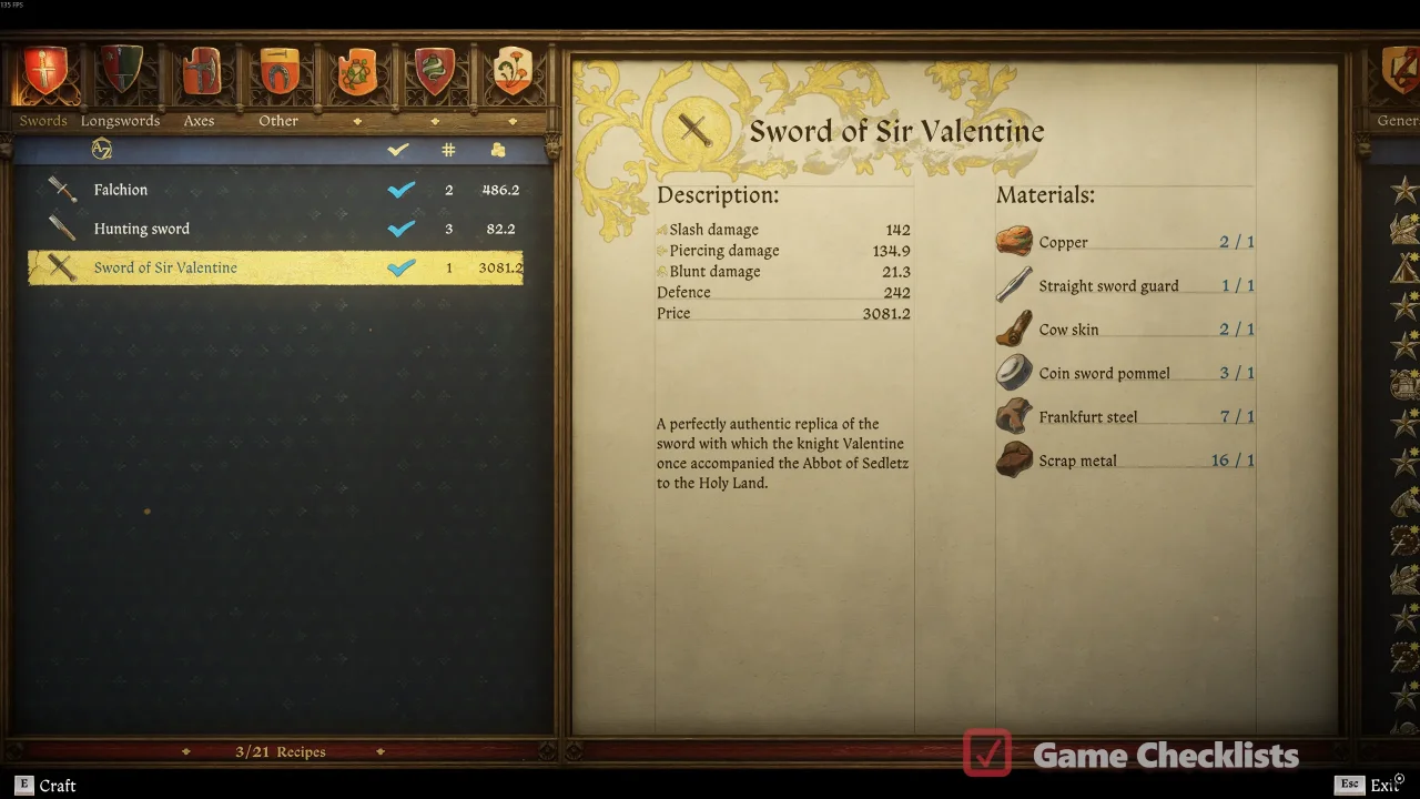Sword of Sir Valentine crafting recipe materials