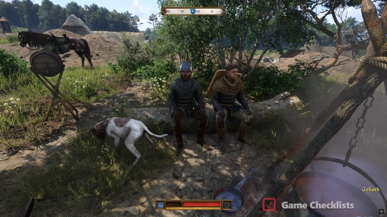 Goliath and guildsmen at campfire east of Horschan road