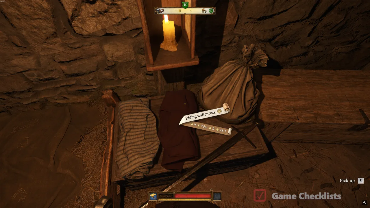 Von Bergow gift gear and red sack loot in the Trosky Castle recovery room in Back in the Saddle